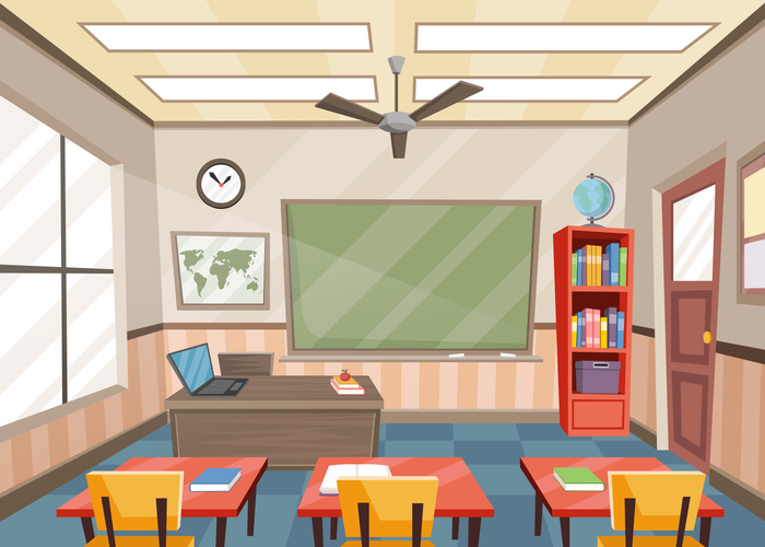 Flat design drawing of a classroom with lots of books and chairs.